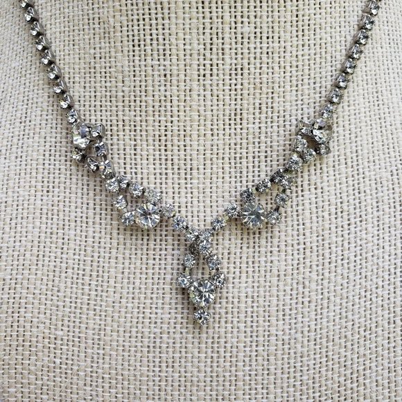 Vintage Clear Rhinestone Swag Drop Necklace 15" Choker - Picture 2 of 8